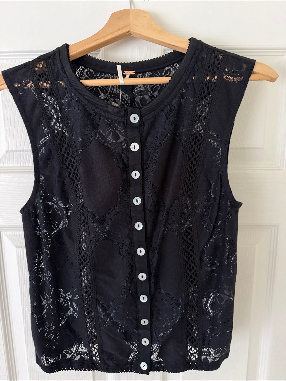 Free People Black Sleeveless Lace Button-Front Top